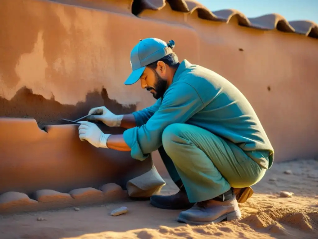 Un hábil artesano restaura una antigua pared de adobe, aplicando la mezcla con cuidado