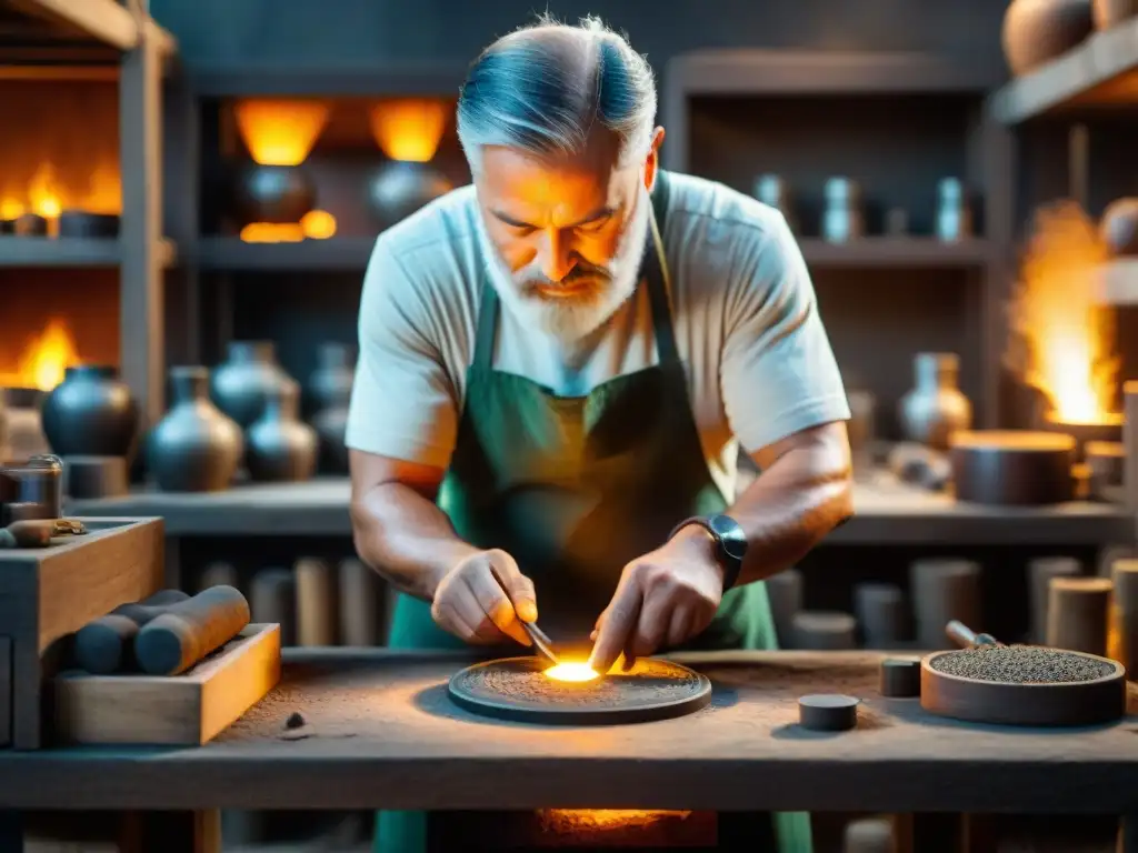 Un hábil artesano de la antigüedad forja monedas en un taller iluminado débilmente, rodeado de herramientas y alquimia