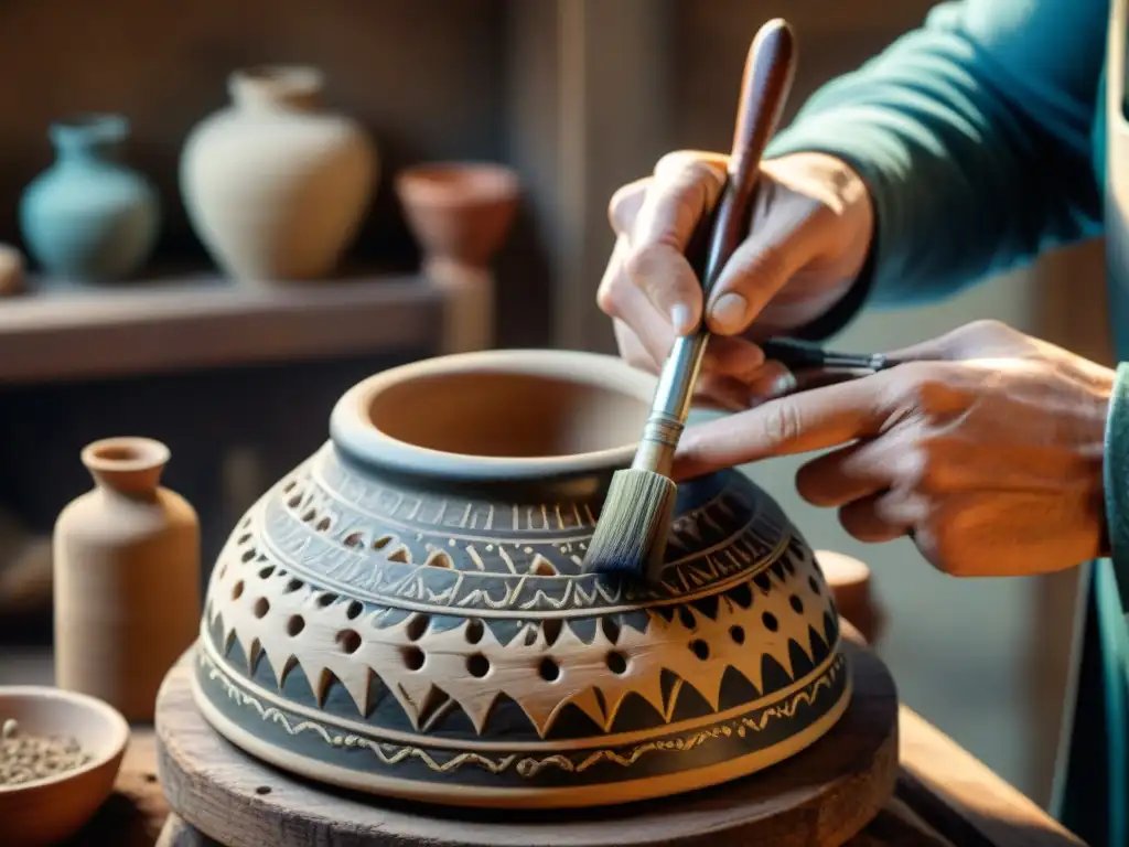 Restauración artesanal de cerámica antigua: detalle único Un hábil artesano restaura un antiguo artefacto de cerámica, fusionando técnicas ancestrales y herramientas modernas