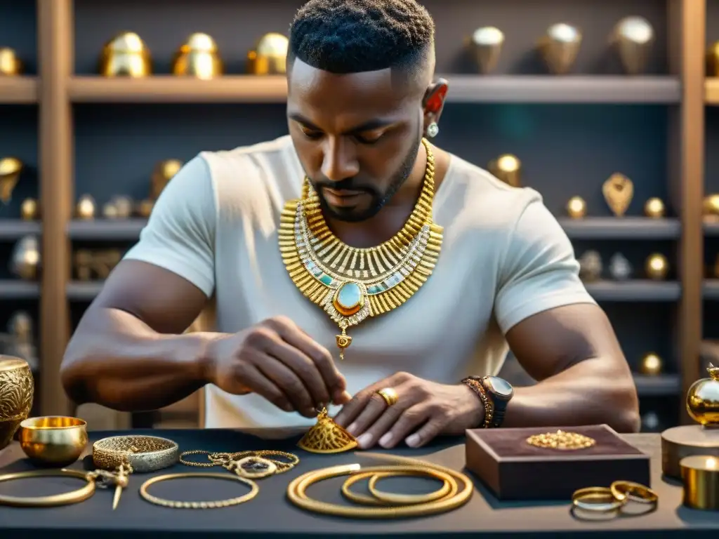 Un hábil artesano antiguo crea un collar de oro rodeado de metales y gemas en un taller iluminado tenue