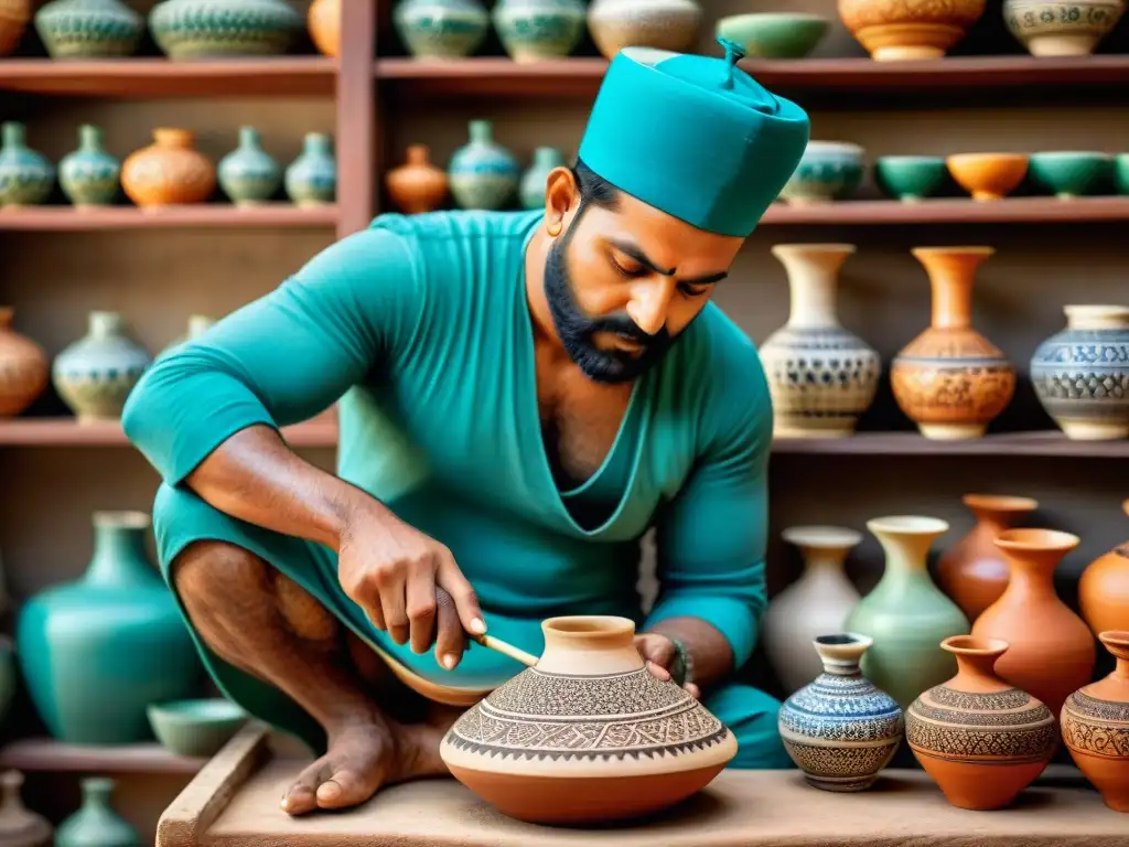 Un hábil artesano en la India Antigua pintando cerámica con patrones intrincados y colores vibrantes en un taller tradicional