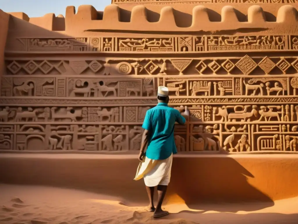 Un hábil artesano esculpe intrincados patrones en el Palenque de Djenné, Mali, rodeado de barro y cultura africana