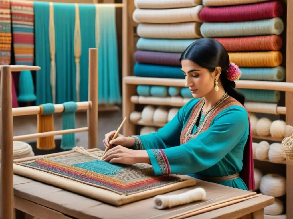 Hábiles artesanos y artesanas tejen complejos patrones en un taller de tejidos mesopotámico, resaltando la tradición textil en civilizaciones antiguas