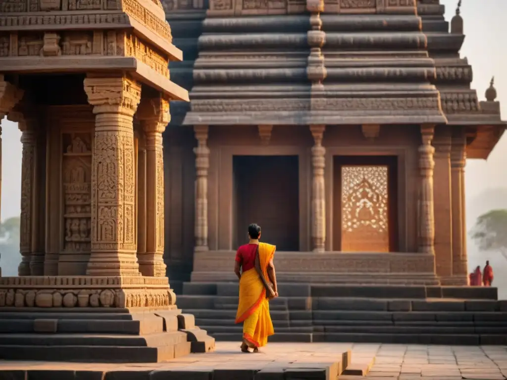 Hábiles artesanos tallando diseños en templo antiguo de India al atardecer