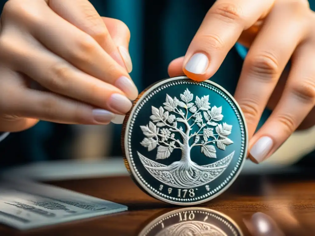 Las hábiles manos de un artesano grabando diseños en una moneda de plata, destacando la artesanía en la acuñación de monedas metales preciosos