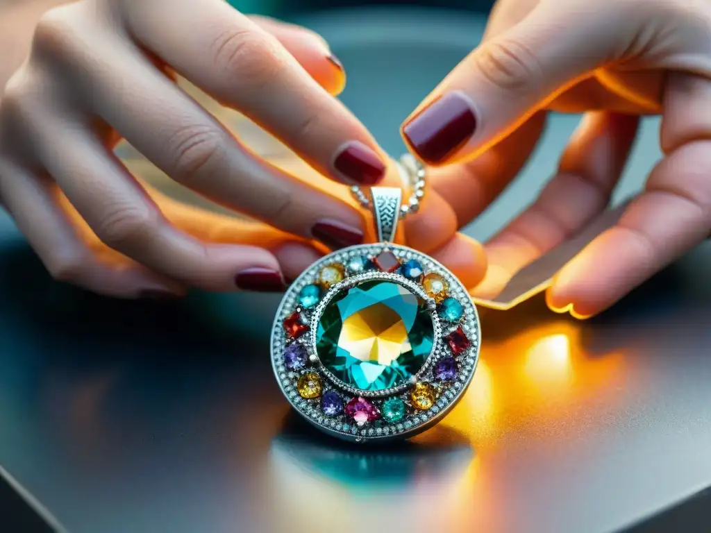 Las hábiles manos del joyero colocan con delicadeza un cristal brillante en un colgante de plata, captando la energía positiva de la joyería cristales