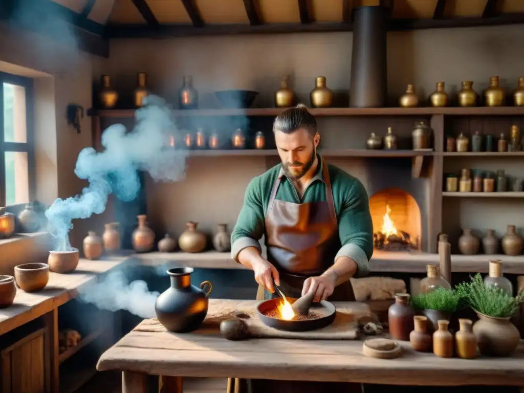 Un herbolario eslavo tradicional prepara una poción en su taller iluminado por la luz de la chimenea, rodeado de plantas medicinales y libros antiguos