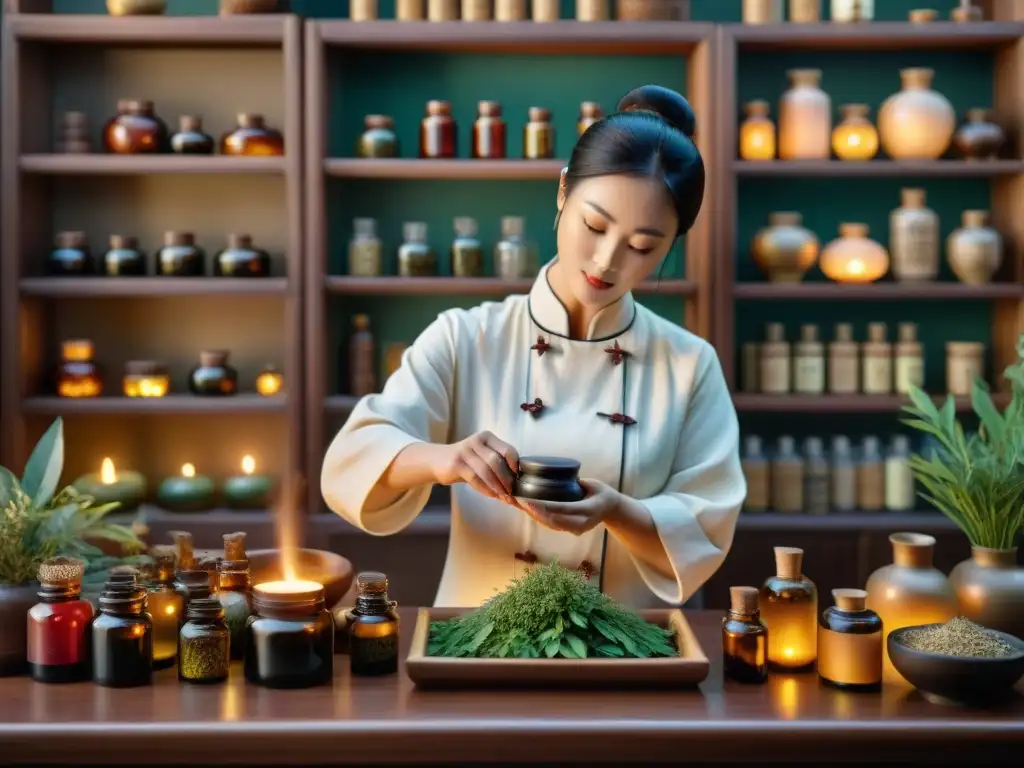 Un herbolario tradicional chino preparando mezclas aromáticas, resplandor de velas crea una atmósfera cálida y serena