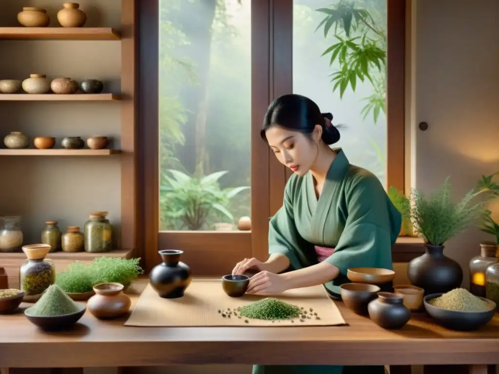 Un herborista japonés preparando remedios naturales en un ambiente sereno con prácticas curativas antiguas Japón