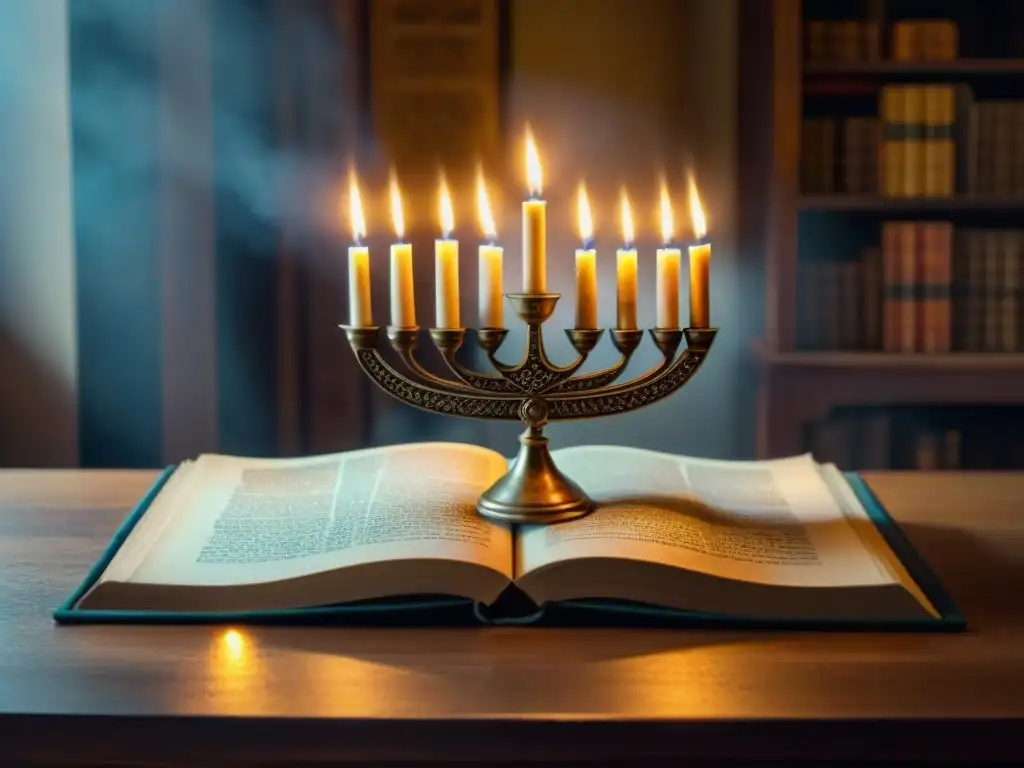 Una hermosa escena con una menorá iluminando antiguos textos y artefactos, evocando misterio Hanukkah historia judía