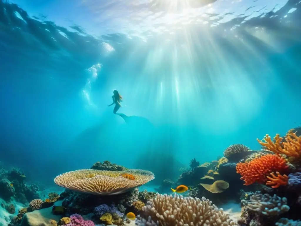 Hermosas sirenas en el esoterismo nadan entre corales vibrantes y peces tropicales, creando un ballet acuático mágico