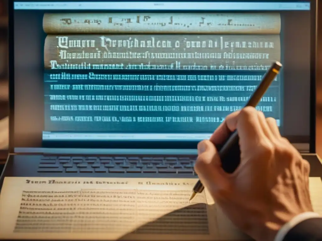 Herramientas digitales para textos antiguos: Pantalla de computadora mostrando detalles de manuscrito antiguo en software especializado