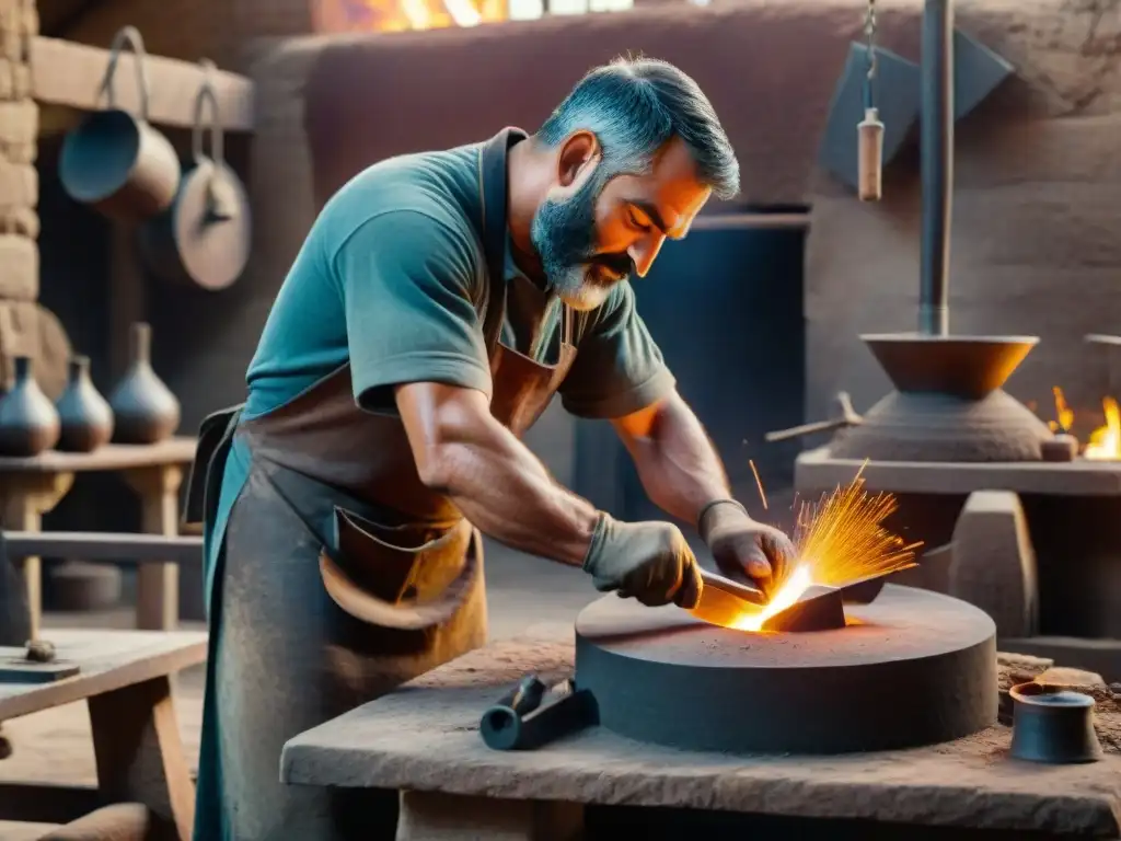 Un herrero mesopotámico forjando metal con herramientas tradicionales, fusionando pasado y presente