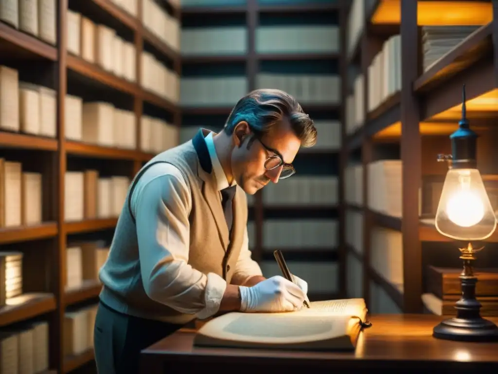 Un historiador examina antiguo pergamino en sala de archivos iluminada, reflejando la importancia de la digitalización en investigación histórica