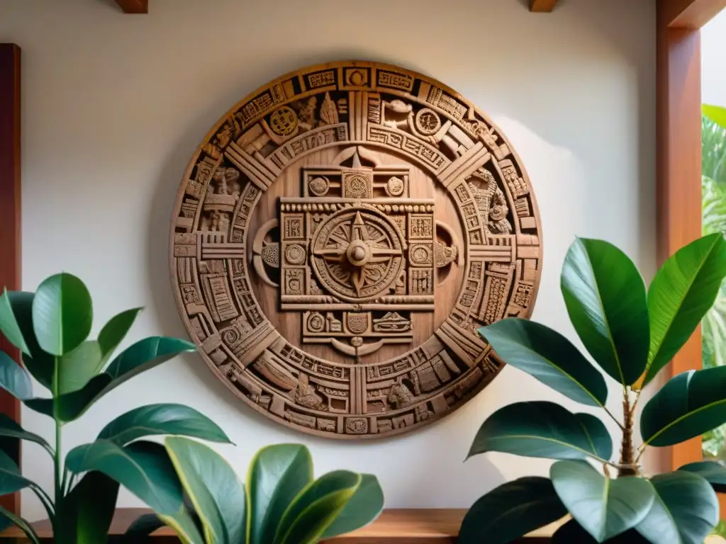 Decoración maya para hogar moderno: Calendario maya tallado en madera, rodeado de plantas y textiles tradicionales, iluminado por la luz del sol