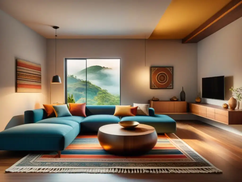 Decoración maya para hogar moderno: Sala moderna con detalles inspirados en la cultura maya, textiles coloridos y muebles tallados en madera