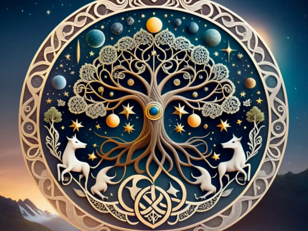 Una ilustración detallada de la cosmología vikinga y mitología estelar, con Yggdrasil en el centro y criaturas míticas en una escena cósmica iluminada