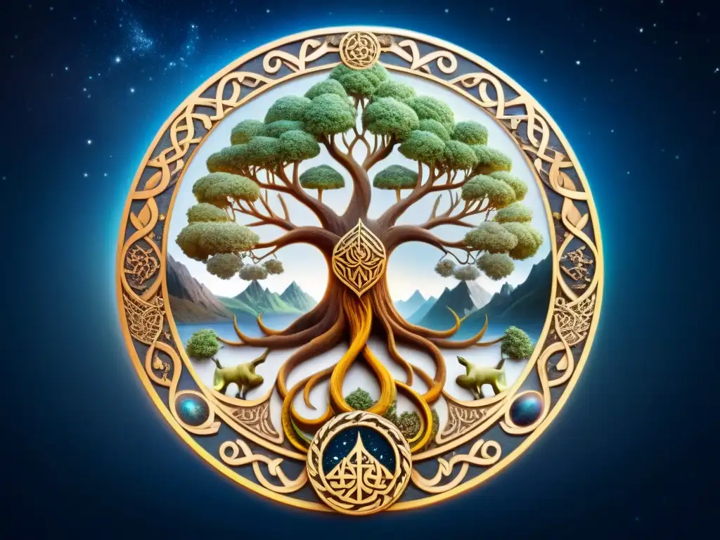 Una ilustración detallada de la cosmología vikinga y mitología estelar: los nueve reinos conectados por Yggdrasil, rodeados de un cosmos místico