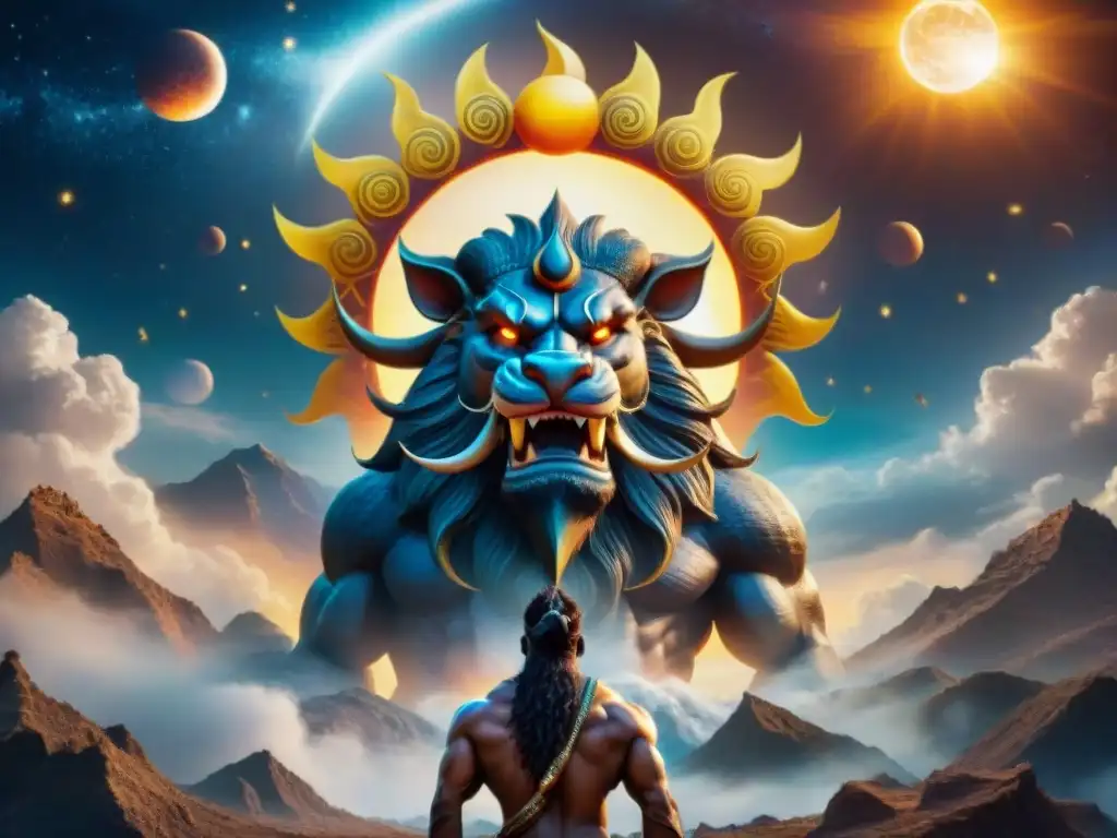 Una ilustración detallada y vívida que muestra la batalla celestial entre Rahu y Ketu en la mitología hindú