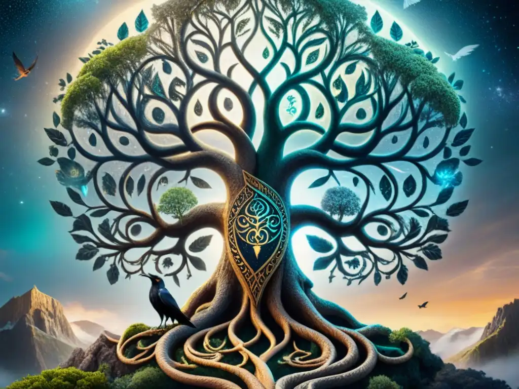 Una ilustración detallada del Yggdrasil de la mitología nórdica con animales sagrados, conectando el mundo natural y divino