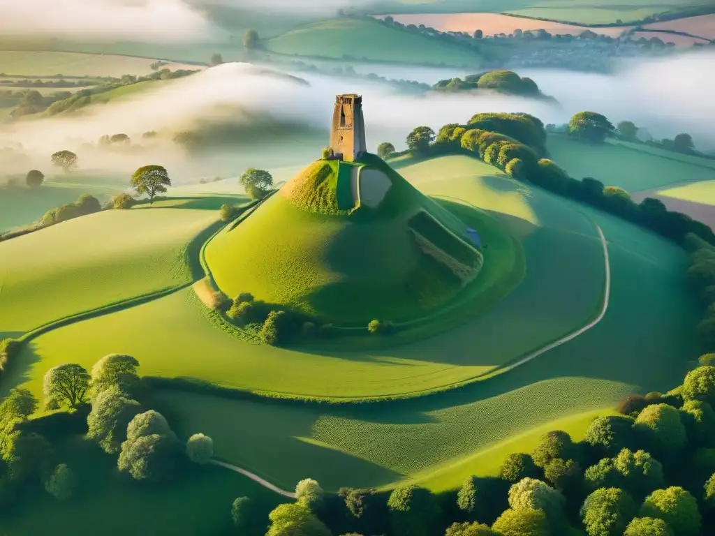 Imagen aérea detallada de Glastonbury Tor al atardecer, evocando la magia y espiritualidad de las leyendas artúricas en Inglaterra