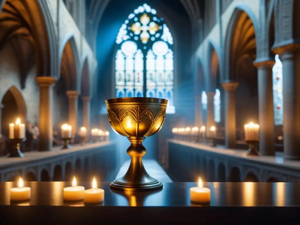 Una imagen en alta resolución del Santo Grial con grabados detallados, iluminado por una luz suave en una catedral medieval