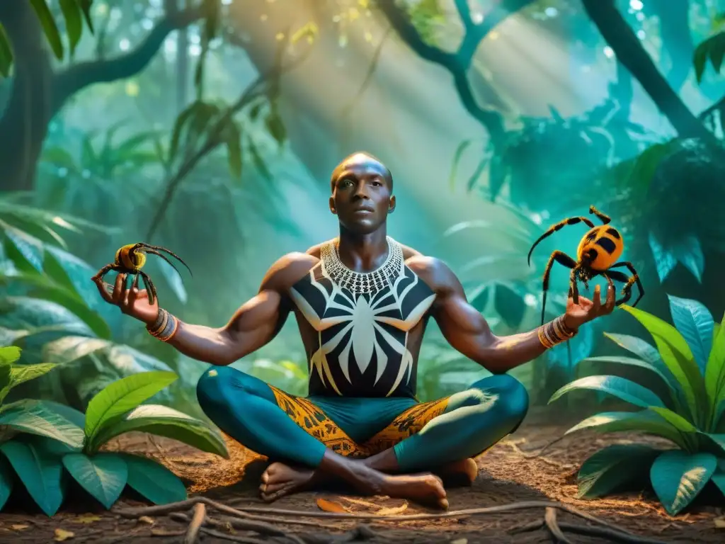 Imagen de Anansi, el astuto truco araña, rodeado de criaturas místicas en un bosque africano