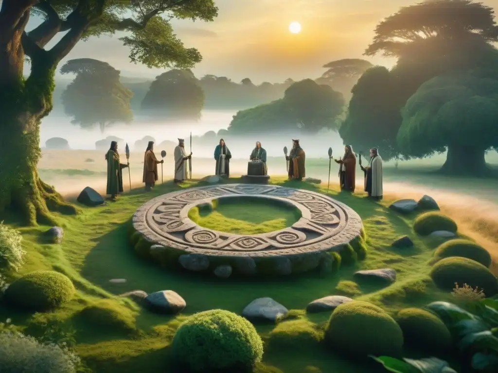 La imagen muestra un círculo de piedra rodeado de vegetación, donde druidas realizan un ritual al amanecer