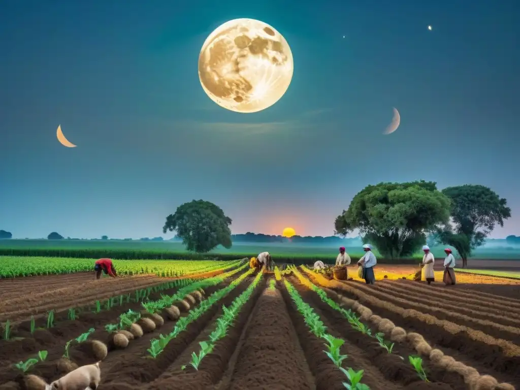 Imagen detallada de agricultores antiguos sembrando bajo la luna llena