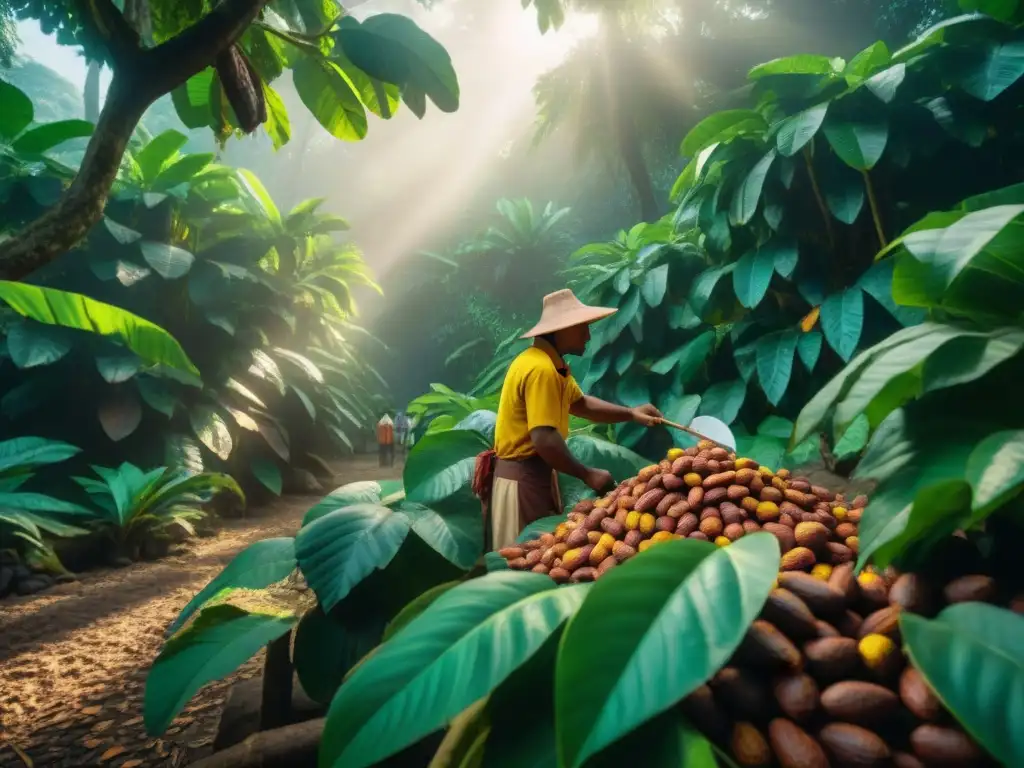 Imagen detallada de agricultores mesoamericanos cosechando cacao bajo árboles altos en la selva