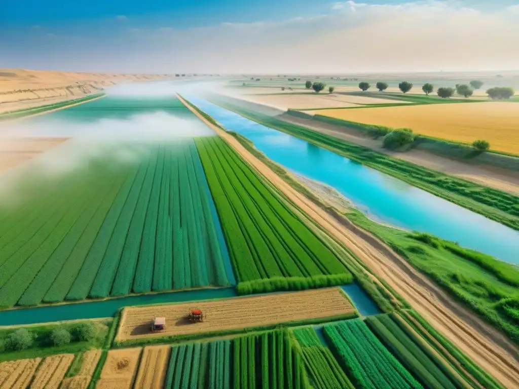 Imagen detallada de agricultores mesopotámicos cultivando con herramientas primitivas, rodeados de campos verdes, ziggurats y el río Éufrates