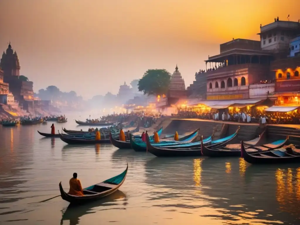 Imagen detallada del río Ganges en Varanasi, India antigua, reflejando la reencarnación en la cultura india