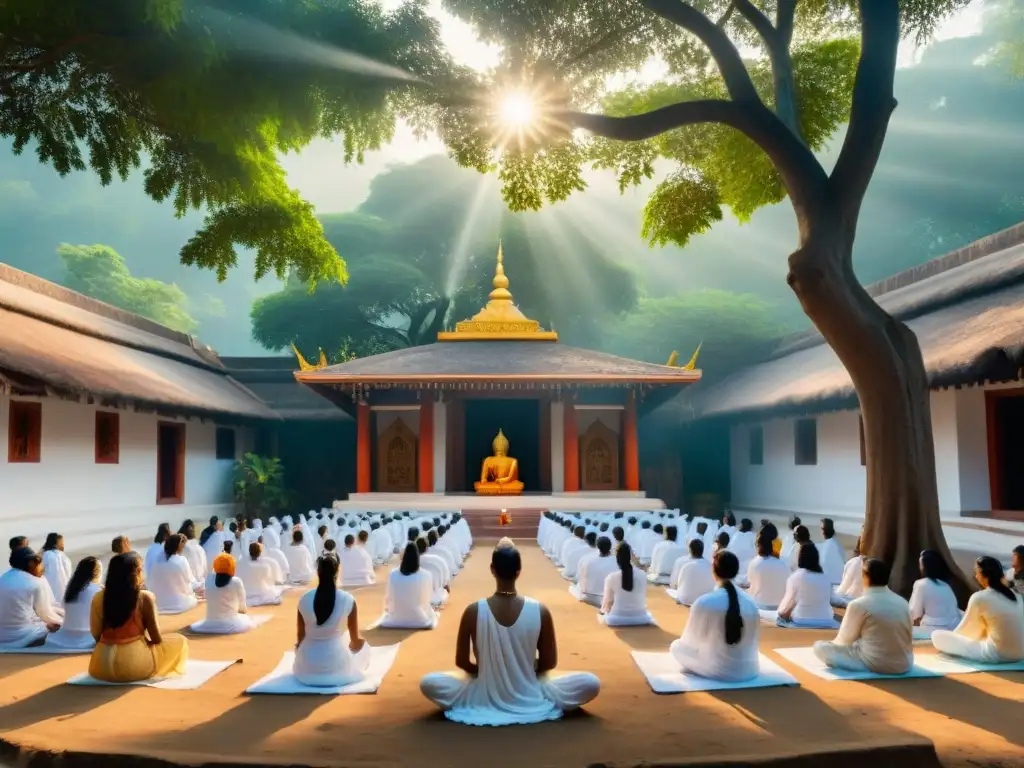 Imagen detallada de un ashram en India para meditar, con meditadores bajo un árbol Bodhi y atmósfera serena y espiritual