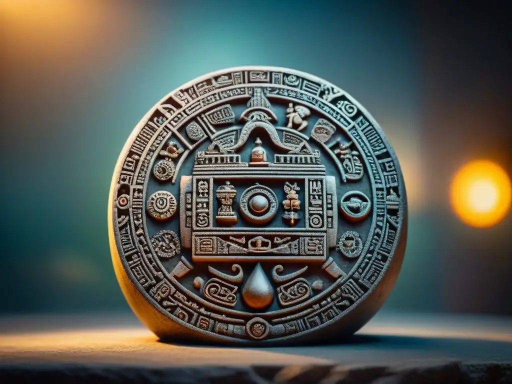 Imagen detallada del Calendario Maya, con intrincados grabados y símbolos que representan ciclos de tiempo y significado espiritual