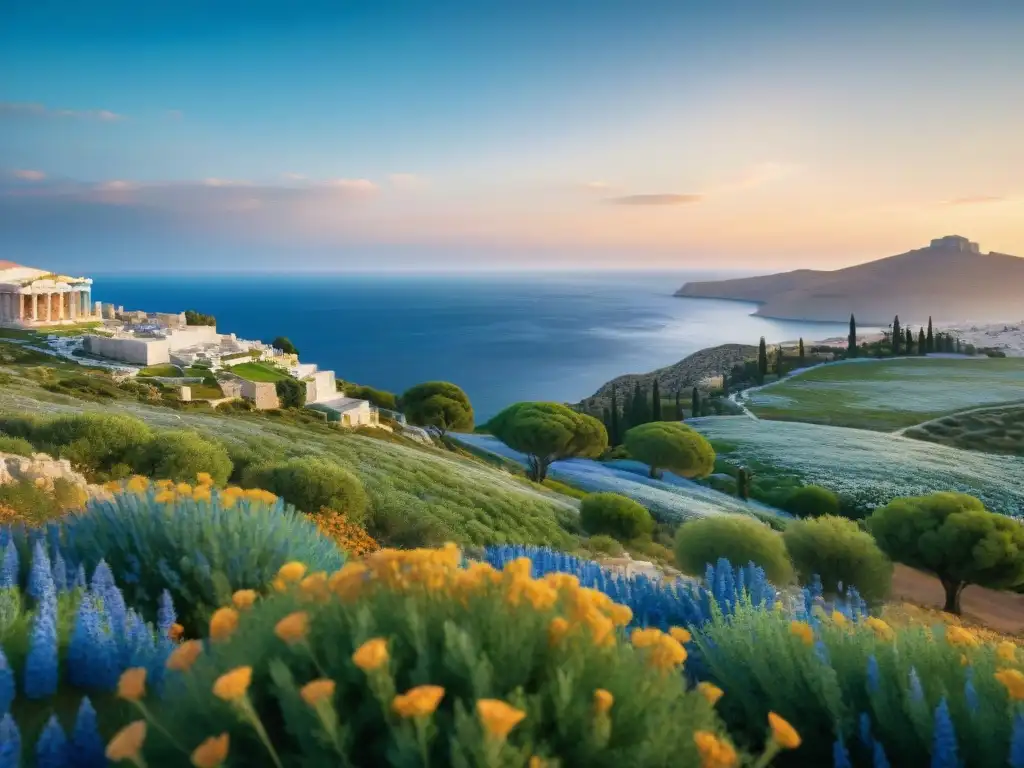 Una imagen 8k detallada de los Campos Elíseos griegos con serena naturaleza, criaturas míticas y arquitectura clásica