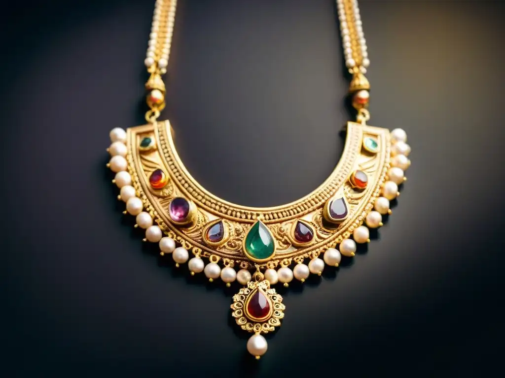 Una imagen detallada de un collar antiguo de la India, resaltando su belleza ornamental y significado histórico como símbolos de poder y devoción