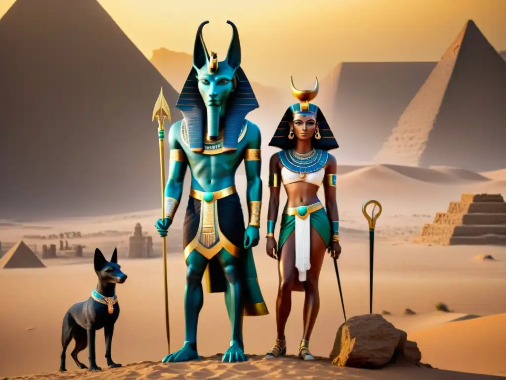 Imagen detallada estilo documental de Anubis y Osiris, dioses de la muerte en Egipto, en un desierto místico al atardecer