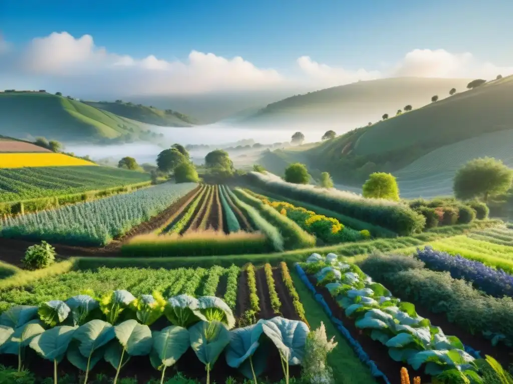 Jardín de permacultura: armonía entre tradición y sostenibilidad Una imagen detallada de un exuberante jardín de permacultura, con prácticas agrícolas tradicionales y diversidad humana armoniosa