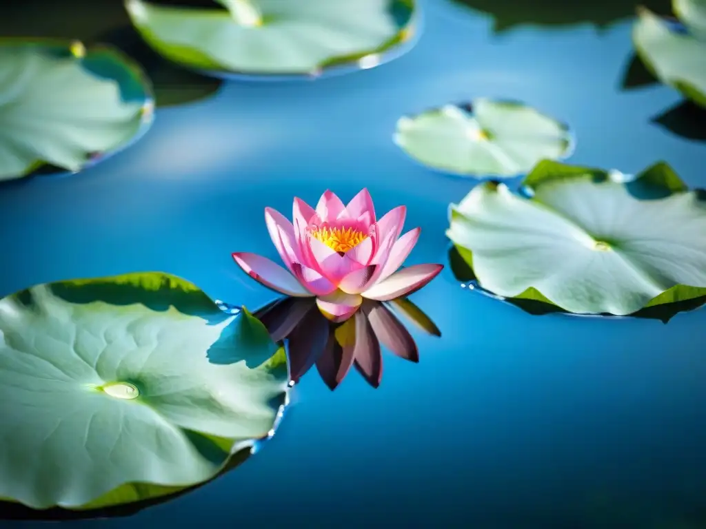 Imagen detallada de flor de loto rosa en estanque sereno, reflejando el cielo azul