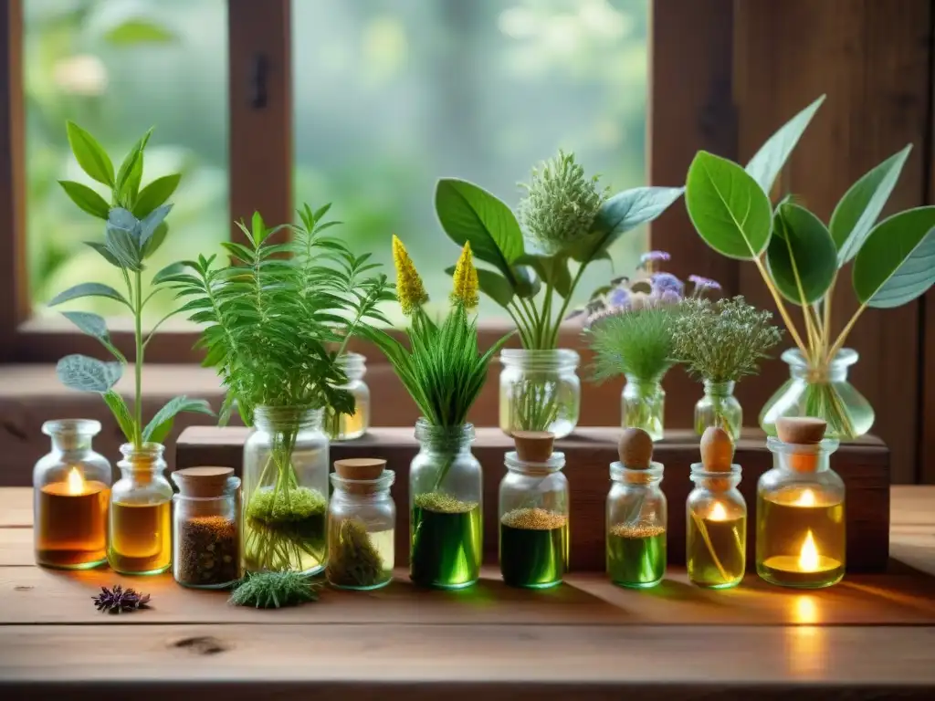 Una imagen detallada de hierbas místicas y plantas mágicas en una mesa de madera rústica