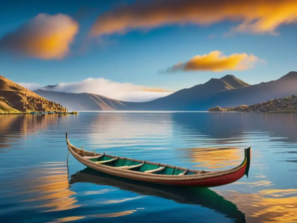 Imagen detallada del Lago Titicaca al amanecer, reflejando colores vibrantes del cielo y montañas andinas