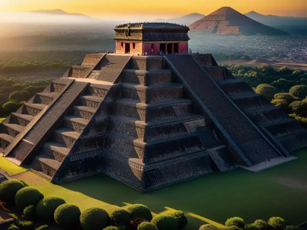 Imagen detallada de la majestuosa Pirámide del Sol en Teotihuacán al atardecer, resaltando su propósito y simbolismo pirámides América