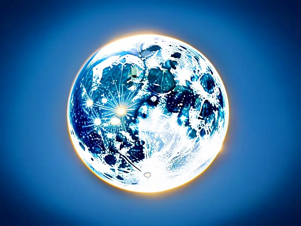 Imagen detallada de nodos lunares iluminados en una noche estrellada, simbolizando el destino y propósito en la vida