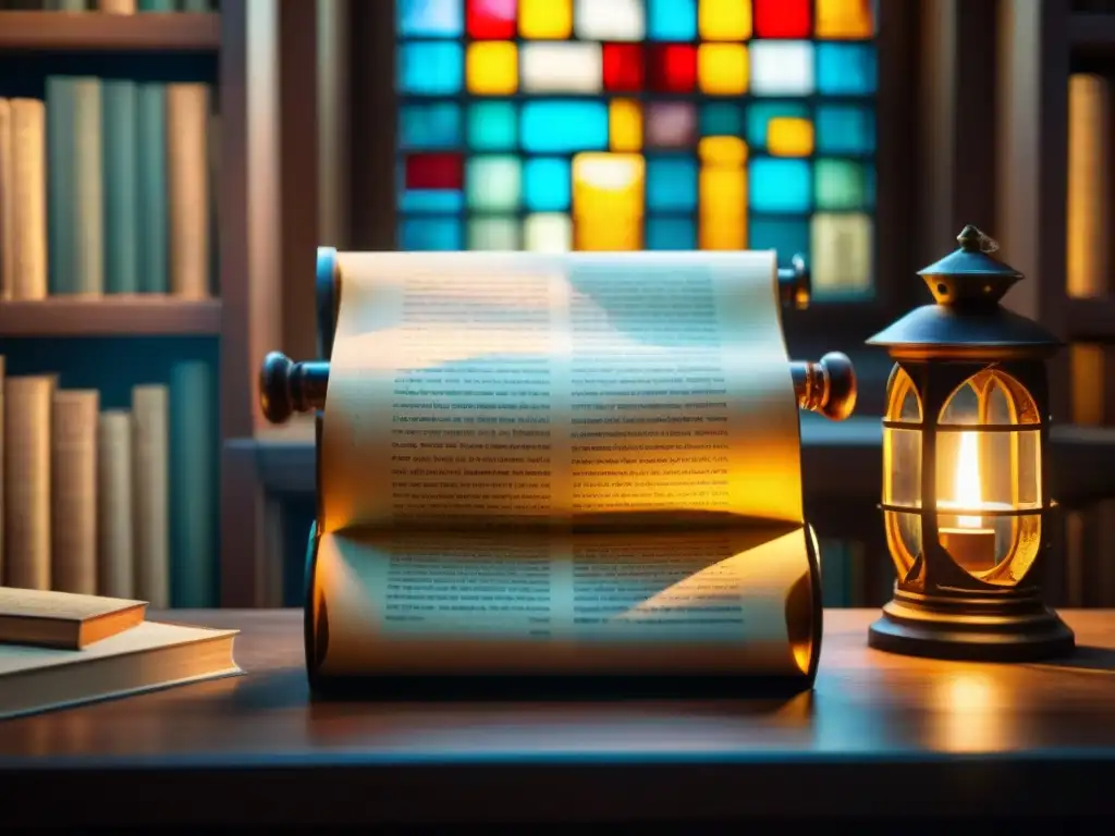 Imagen detallada de un pergamino antiguo desplegándose en una biblioteca atmosférica iluminada