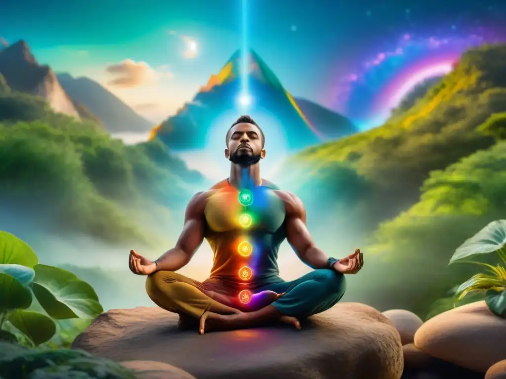 Una imagen detallada de una persona meditando en armonía con la naturaleza, con líneas de energía coloridas que fluyen a través de sus chakras