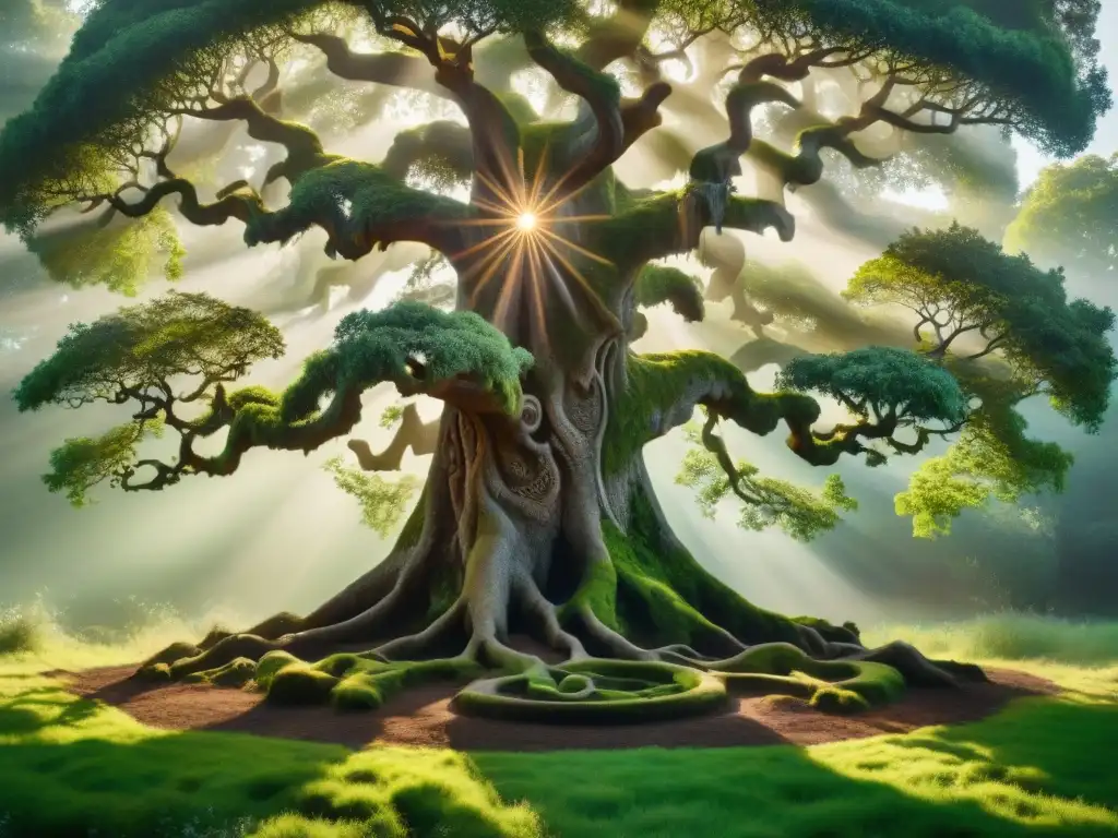 Imagen detallada de un roble ancestral con druidas y artefactos mágicos en un bosque