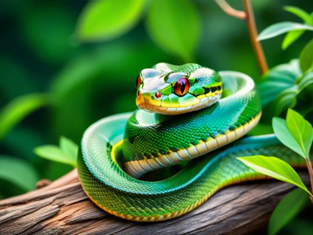 Imagen detallada de una serpiente verde vibrante mudando su piel, simbolizando la renovación y prácticas esotéricas