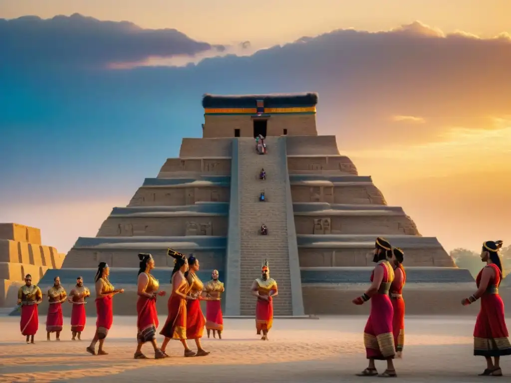 Imagen detallada de una ziggurat sumeria al atardecer, con músicos y bailarines en trajes tradicionales