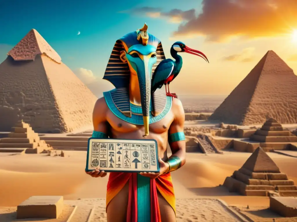 Dios egipcio Thoth: sabiduría y misterio en 8k Imagen detallada de Thoth, dios egipcio, con cabeza de ibis, caduceo y tablilla de jeroglíficos, en paisaje místico