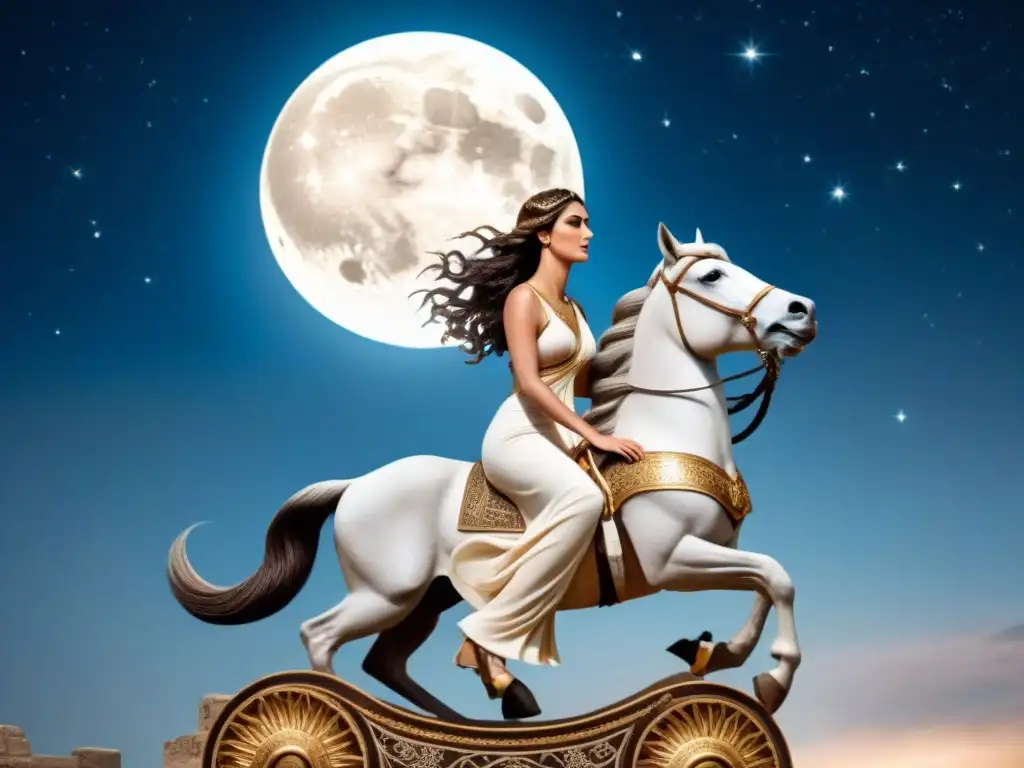 Imagen de la diosa Selene en su carro de plata, rodeada de caballos luminosos y estrellas